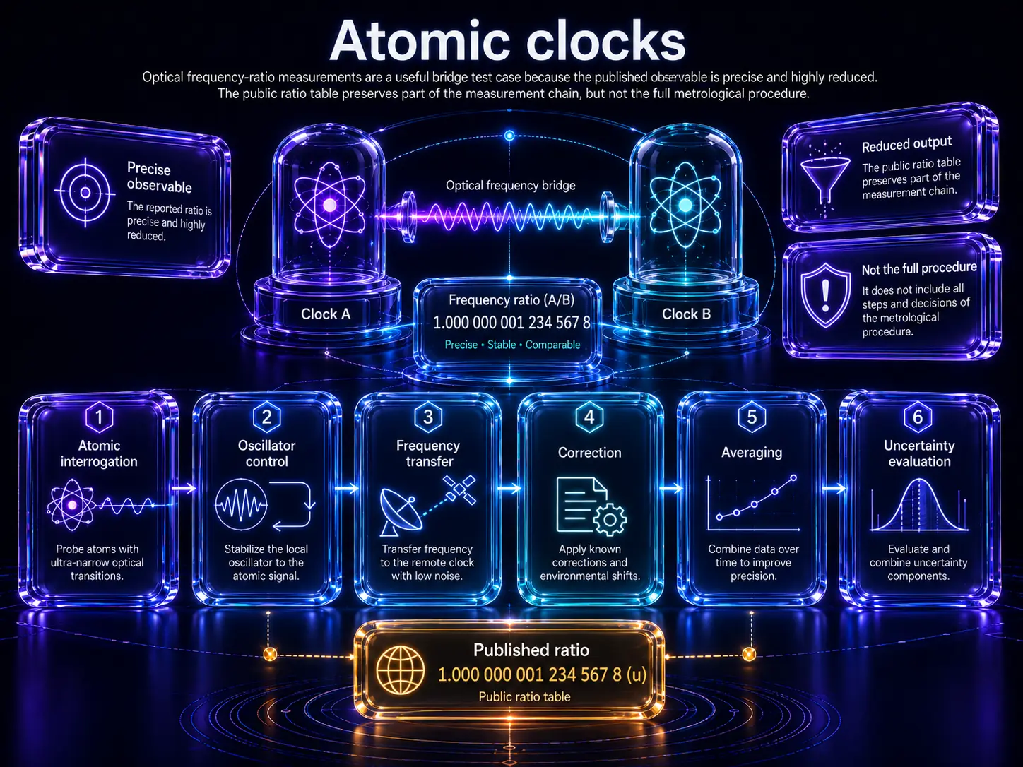 Atomic-clock frequency-ratio measurement chain on a dark background