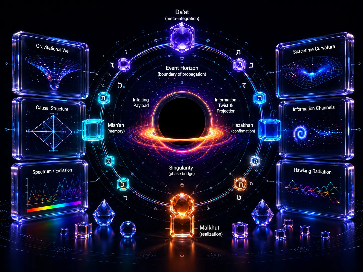 Black-hole bridge diagram linking horizon, singularity, information channels, and model-side integration on a dark background