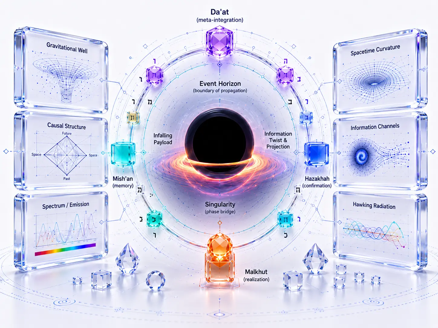 Black-hole bridge diagram linking horizon, singularity, information channels, and model-side integration on a light background