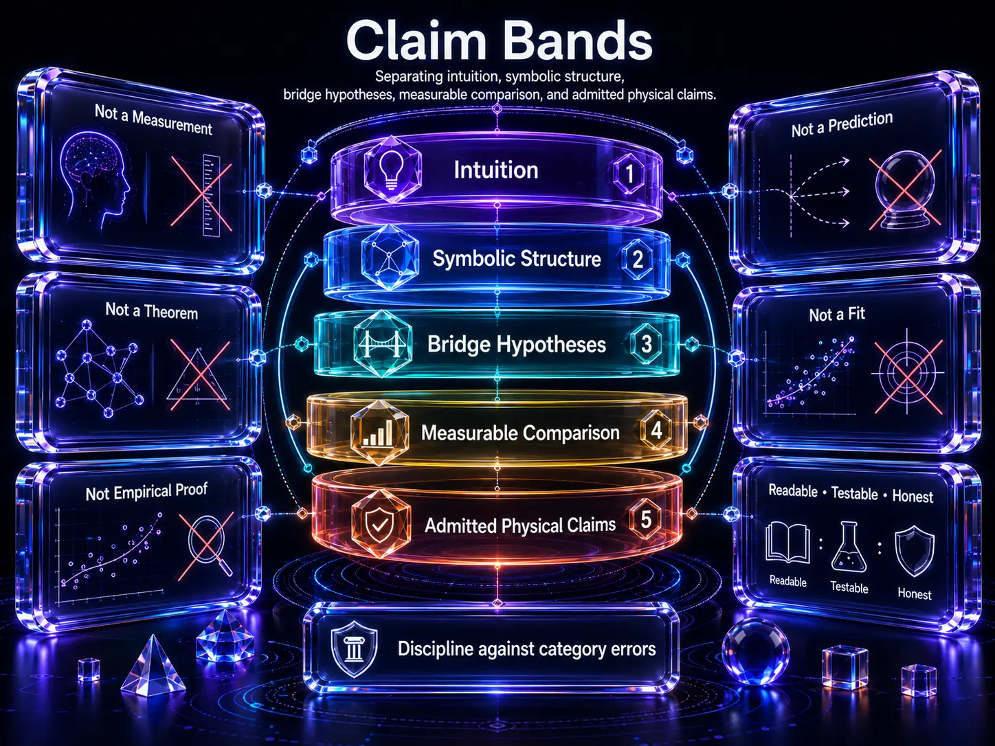 Infographic separating intuition, symbolic structure, bridge hypotheses, measurable comparison, and admitted physical claims on a dark background