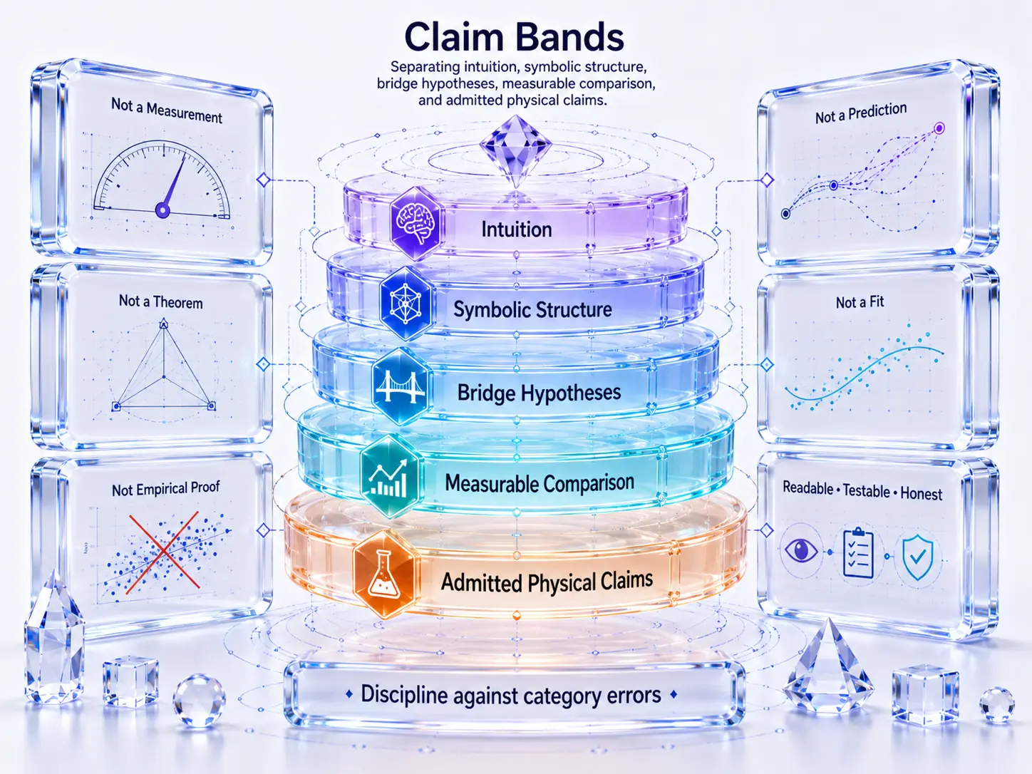 Infographic separating intuition, symbolic structure, bridge hypotheses, measurable comparison, and admitted physical claims on a light background