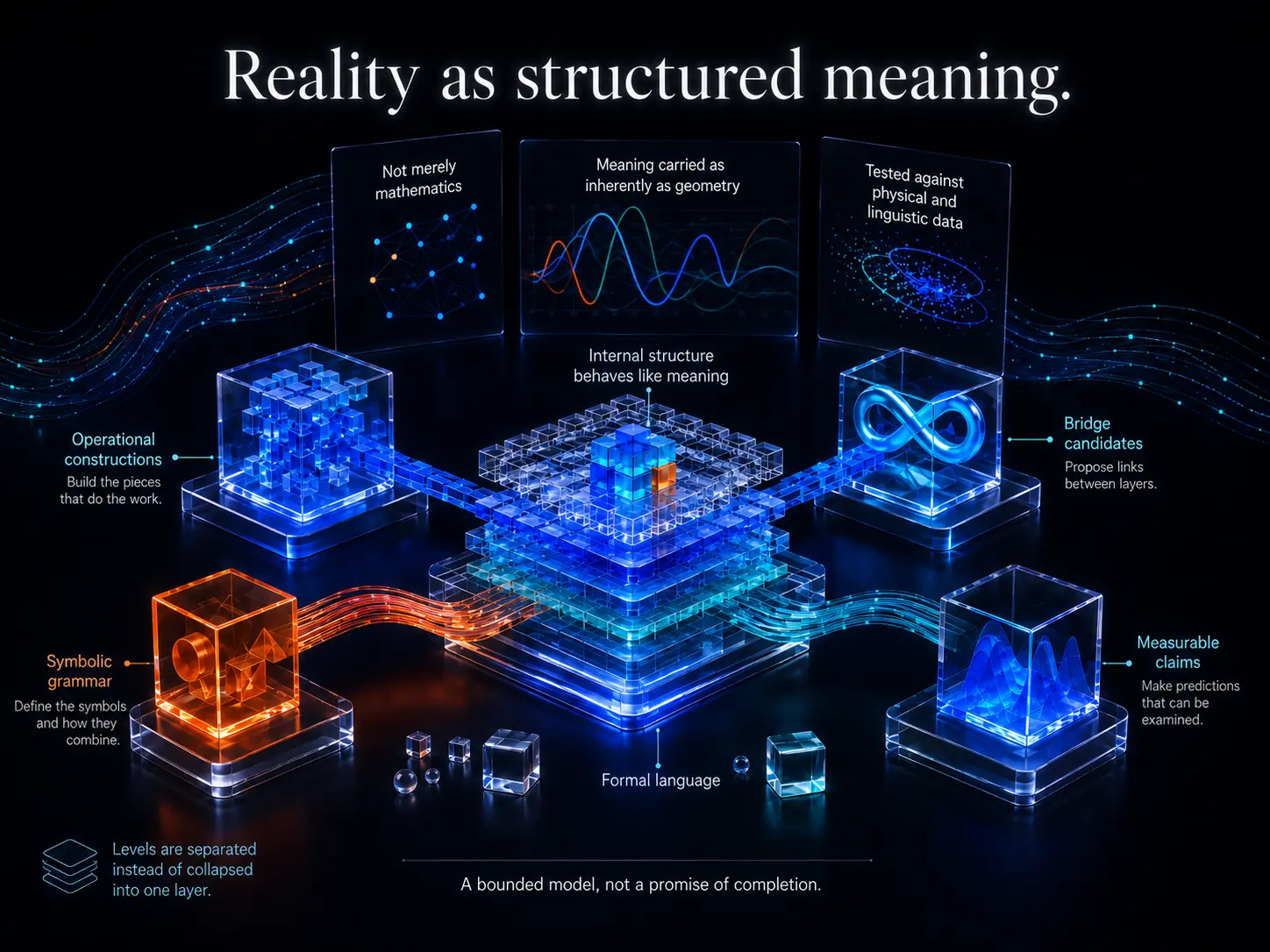 Abstract luminous system of connected transparent modules, graphs, waveforms, and flowing links on a dark background