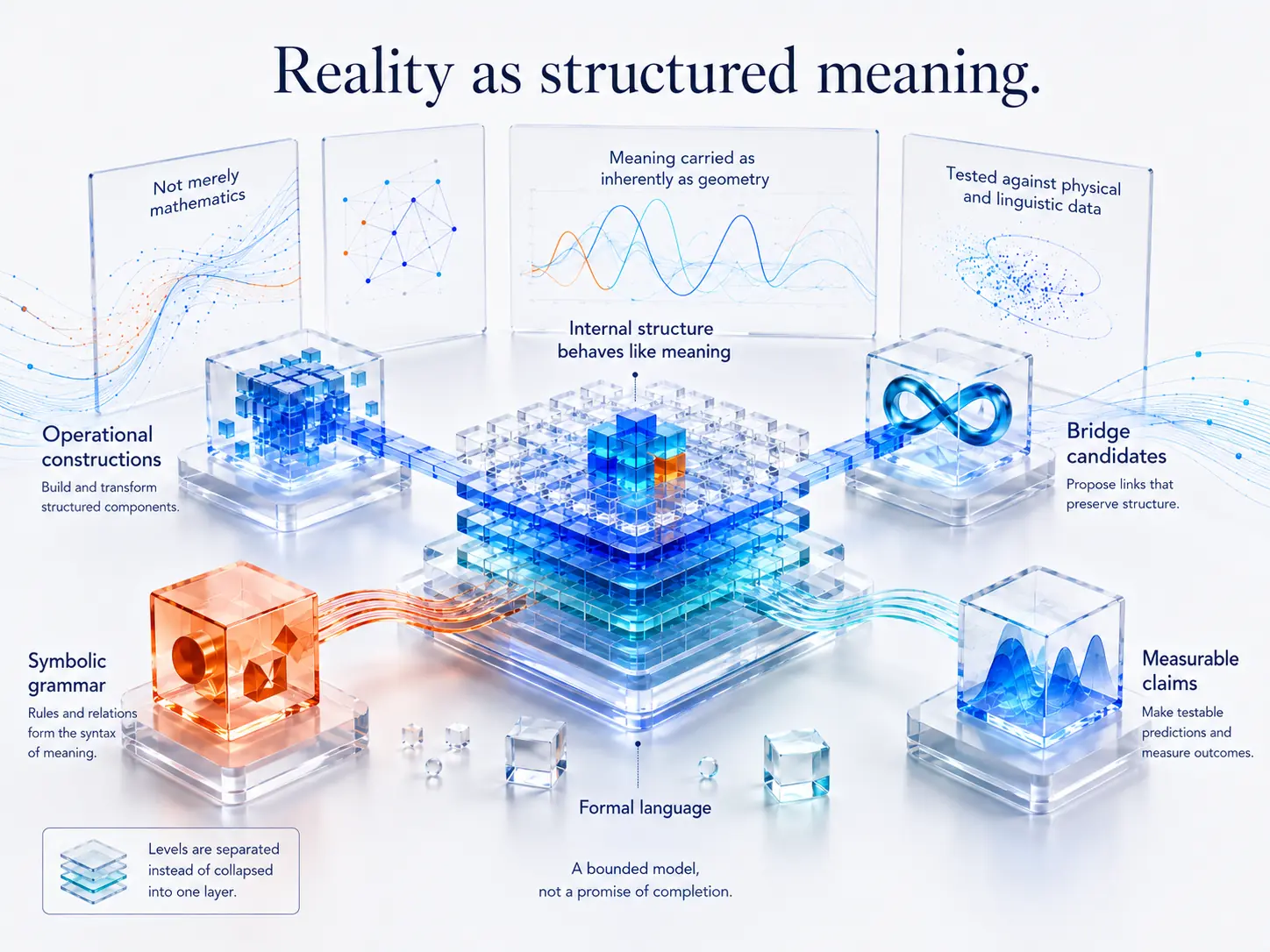 Abstract luminous system of connected transparent modules, graphs, waveforms, and flowing links on a light background