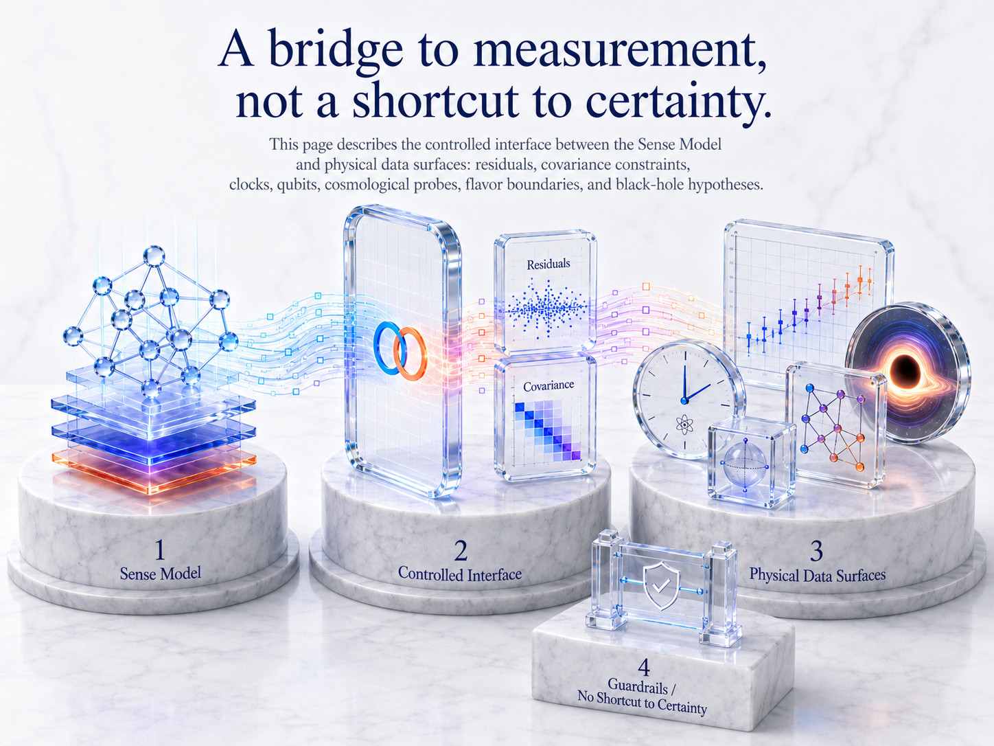 Physics Bridge visual map on a light background: Sense Model, controlled interface, physical data surfaces, and guardrails against certainty shortcuts