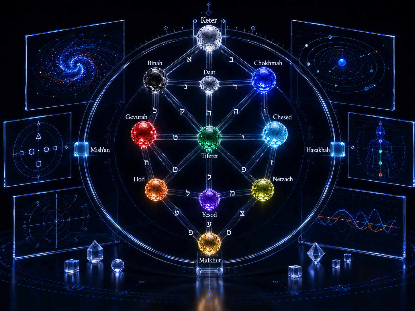 Luminous symbolic Tree of Life orientation map with Hebrew channels and research diagrams on a dark background
