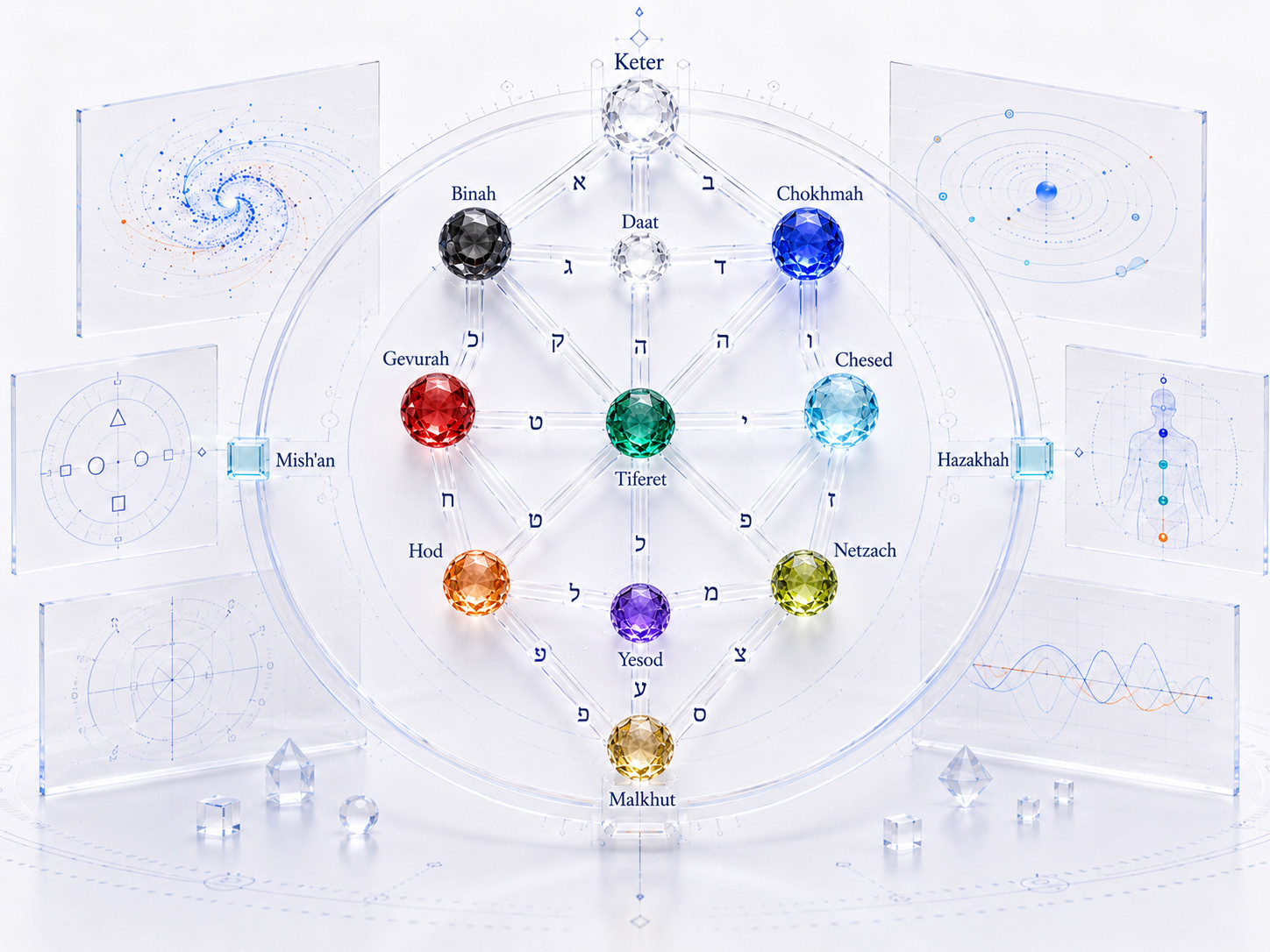 Luminous symbolic Tree of Life orientation map with Hebrew channels and research diagrams on a light background