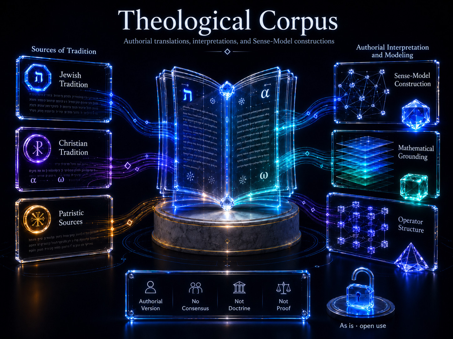 Theological corpus orientation image on a dark background: source traditions, authorial interpretation, and model construction
