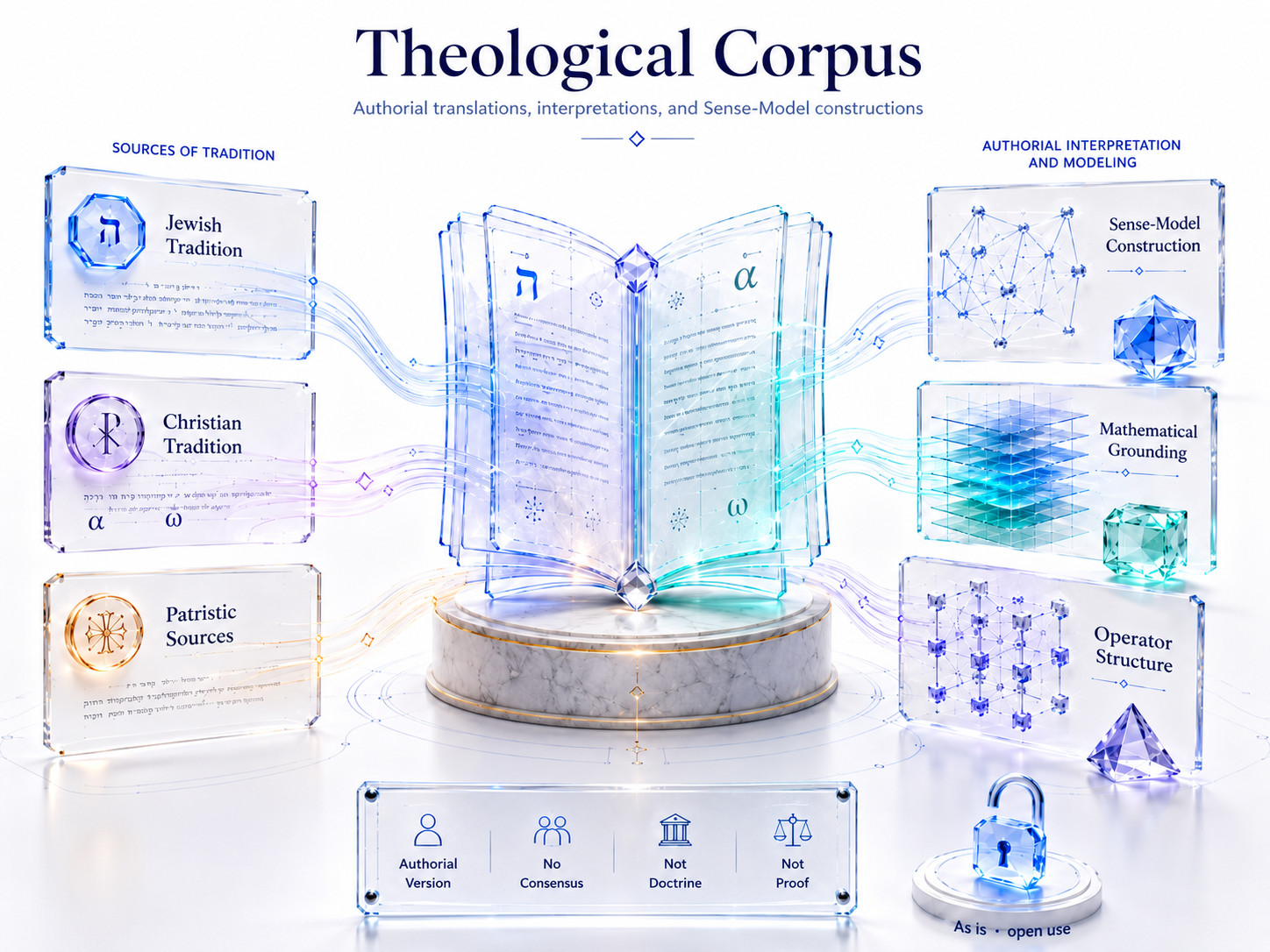 Theological corpus orientation image on a light background: source traditions, authorial interpretation, and model construction